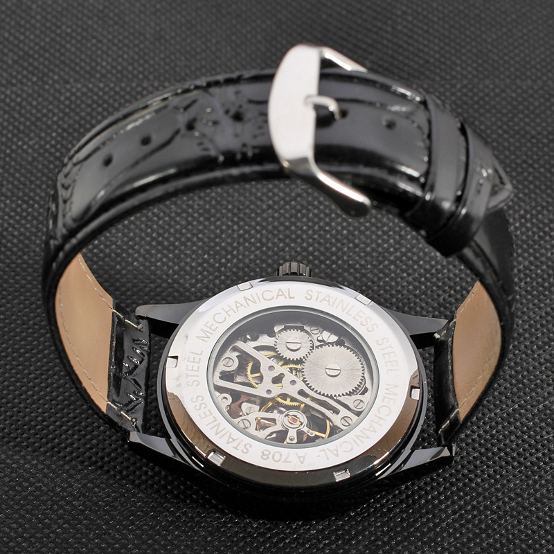 Automatic leather strap skeleton mens sport watches