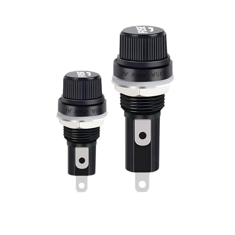 Assortment of military-style fuses with knurled knobs for tool-less handling, showing 5x20mm and 6x30mm sizes.