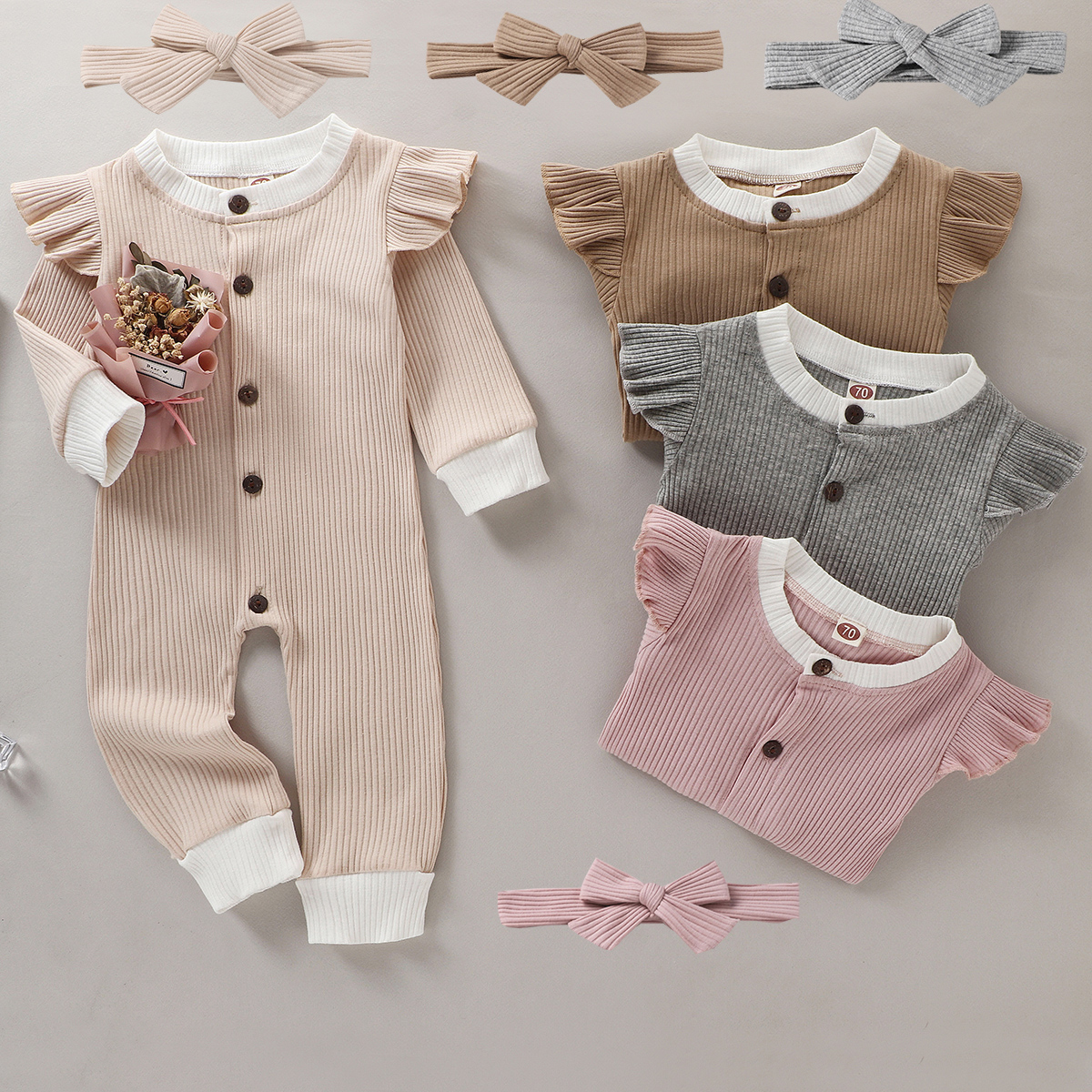 Newborn Baby Boy Girls Clothes Solid Color Round Neck Long Sleeve Cotton Romper Jumpsuit for Kids