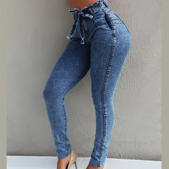 2020 European and American High-Elastic Hip-Lifting Lace-Up High-Waisted Jeans Pants for Women