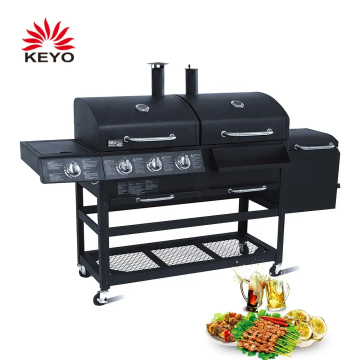 Grill a gas nero con carrello e pettine a carbone, 3 bruciatori, fumatore di grill barbecue