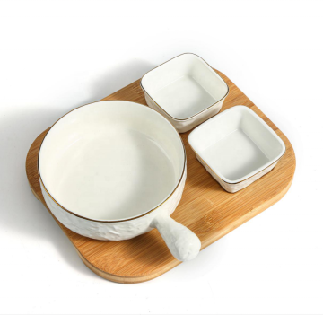 High-Quality Luxury Large Soup Fruit Salad Bowl with Gold Rim and Bamboo Base