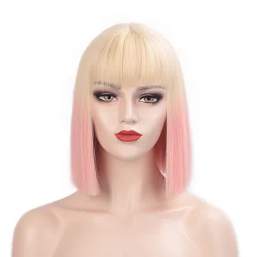 Vigorous Ombre Pink Wigs Straight Short Cosplay Costume Wigs for Women with Bangs Blonde Roots Heat Resistant Synthetic Wig