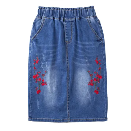 Rose Embroidery Slit Women Denim Jeans Skirt