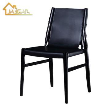 Modern Scandinavian Designer Wooden Kitchen Chairs with Black Bonded Saddle Leather