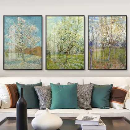 Starry Night Sunflower Triptych - Van Gogh Inspired Living Room Wall Art