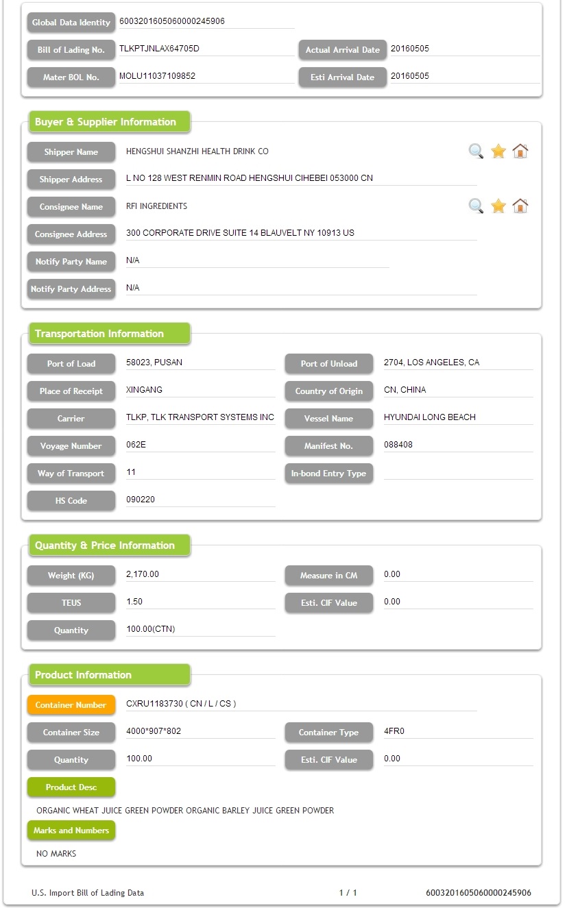 Polvo de jugo - Servicio de datos de importación de EE. UU.