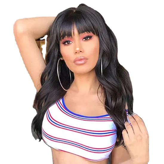 Fashion 30 inch black Neat Bangs long Loose Body Wave non lace wig Natural Fluffy Long Wavy Synthetic hair  Wigs for black women
