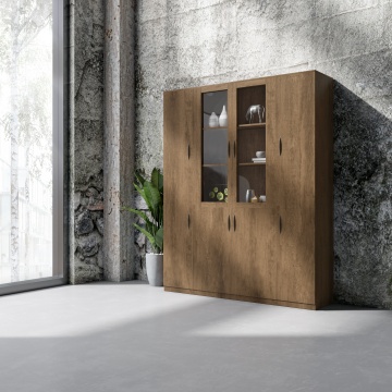 Modern Oak Wood Veneer Bookcase with Glass Door and Filing Cabinet