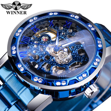 Retro Royal Design Men's Mechanical Skeleton Wrist Watch with Transparent Fashion Diamond Display and Gear Movement