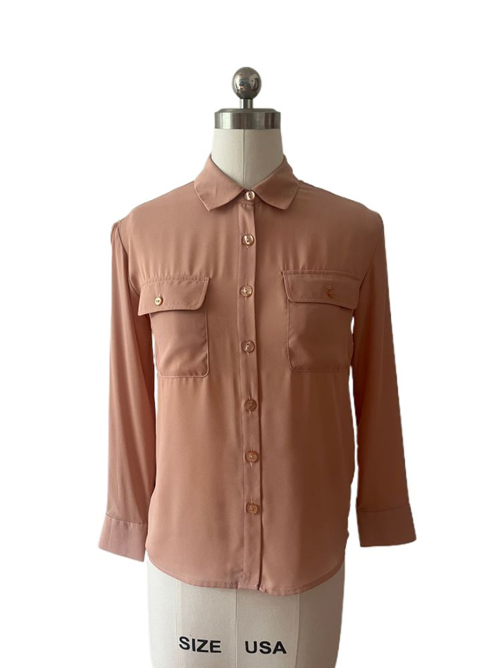 Button Down Blouse Shirt Orange Brown