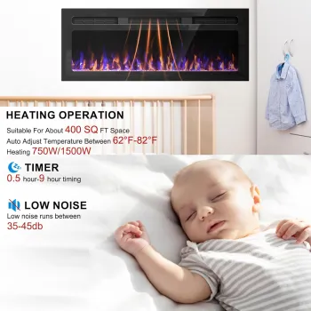 68 Inch Wall Mounted Electric Fireplace with Heater and Thermostat