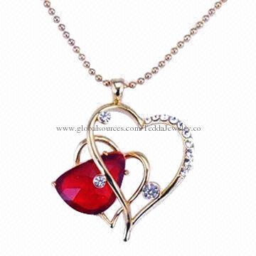 Fancy heart-shaped fashion necklaces, made of alloy and crystal stones, small/trial orders welcome