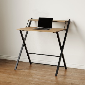 Compact Modern Metal Folding Desk with Wooden Shelf