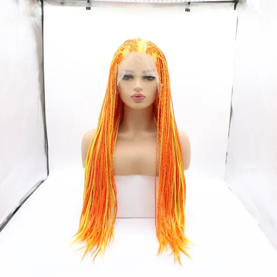Long straight mixed red gold cheap wholesale high quality heat resistant synthetic braided wig with lace front