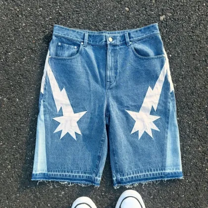 Custom Distressed Embroidery Patches Raw Hem Denim Shorts - Trendy Streetwear Jorts for Men