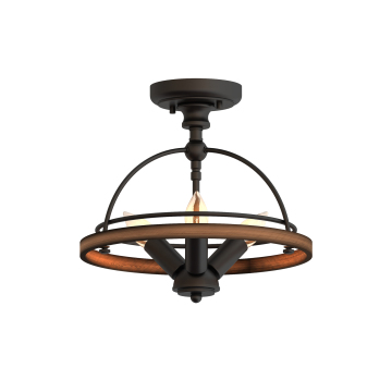Retro Art Unique Solid Wood Semi Flush Mount 3-Light Metal and Wood Ceiling Light