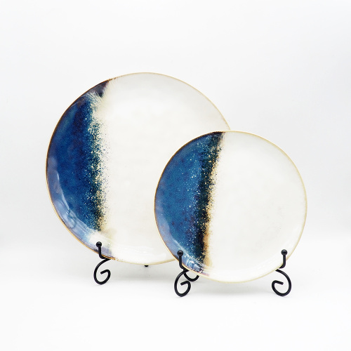 Elegante gres de glaseado reactivo azul y blanco con placa de postres Tazón de vajillas de cerámica juego de cerámica