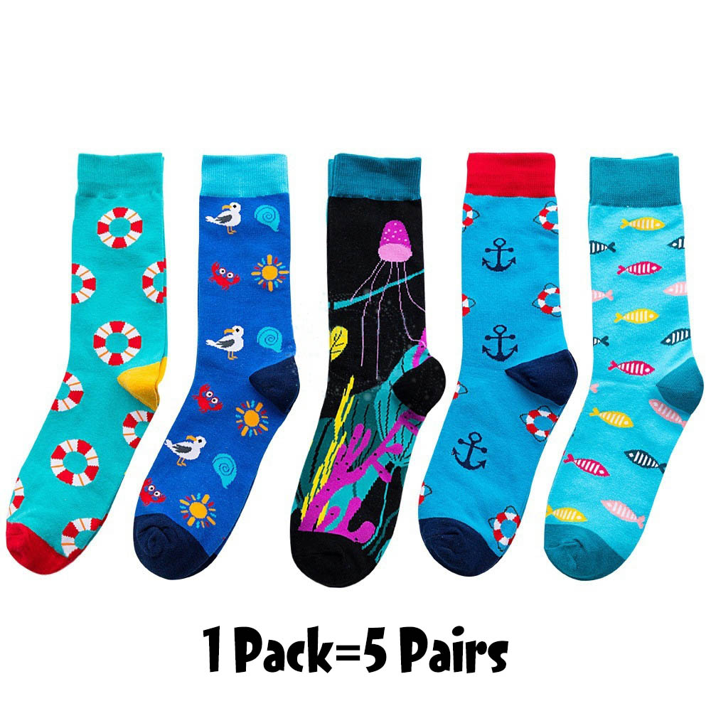 5pairs/pack Fresh Fruits Men Happy Socks Lemon Pineapple Orange Watermelon Strawberry Fish Jellyfish swim ring Ship anchor socks