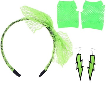 Neon 80's Accessories: Lace Headbands, Hook Earrings & Fishnet Gloves for Party Supplies