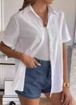 Women's linen button-down shirt with rolled-up short sleeves