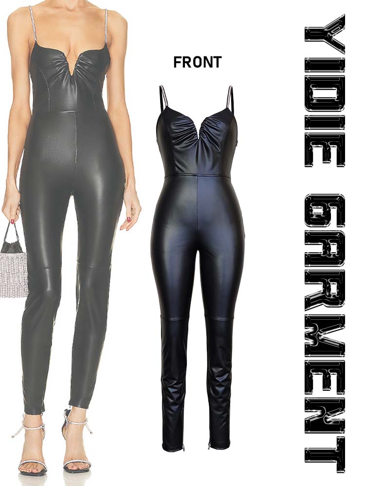 Shiny Adjustable Loop Strap Faux Leather Slim Jumpsuits