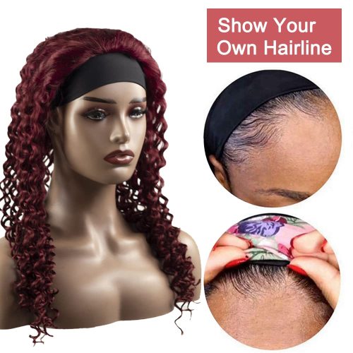 99J Red Curly Wave Headband Wig Human Hair