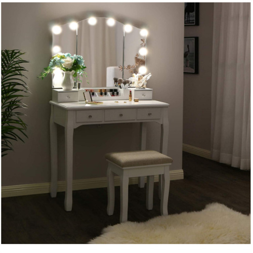 Tri-Folding Mirror White Vanity Desk Table