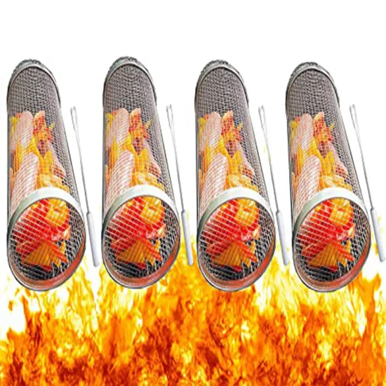 New Rolling Grilling BBQ Basket: Stainless Steel Leakproof Mesh Barbecue Rack for Outdoor Picnics, Camping & Simple Cylindrical BBQ Grills
