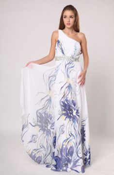 2015 One-shoulder Long Beading Chiffon Prom Dresses Floor-length A-line Evening Dress