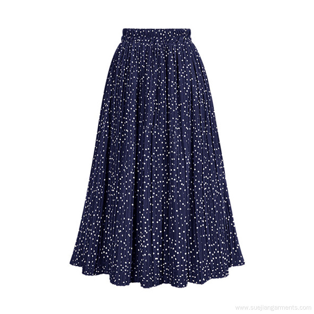 Printed Polka Dot Elastic Polyester Pleated Long Skirt