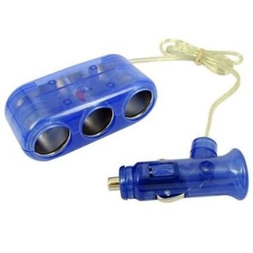 Blue 1 To 3 Car Socket Splitter , Portable Car Cigarette Lighter Adapter