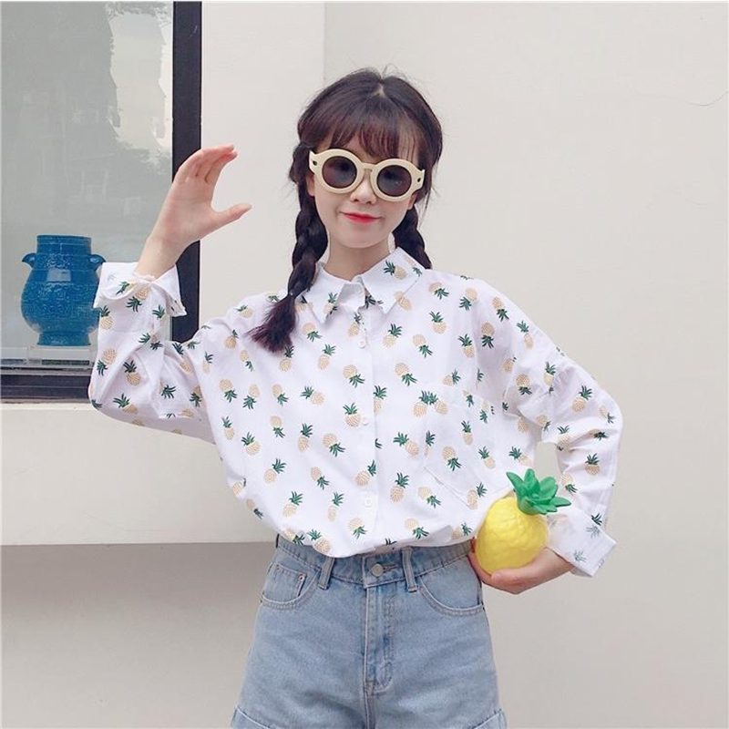 Korean Version Small Fresh Pineapple Print Blouse Shirts Women Spring Summer Top For Women Fashion Buttons Long Sleeve Top Women