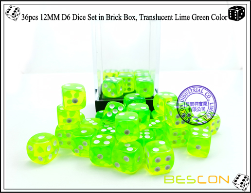 36pcs 12MM D6 Dice Set in Brick Box, Translucent Lime Green Color-4