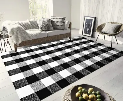 Black White Blue Grey Red Buffalo Plaid Cotton Rug