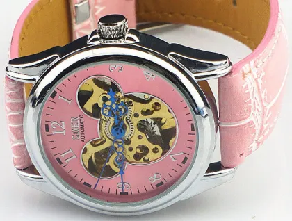 Pink Mechanical Ladies Automatic Watch Skeleton , Leather Wrist Watches