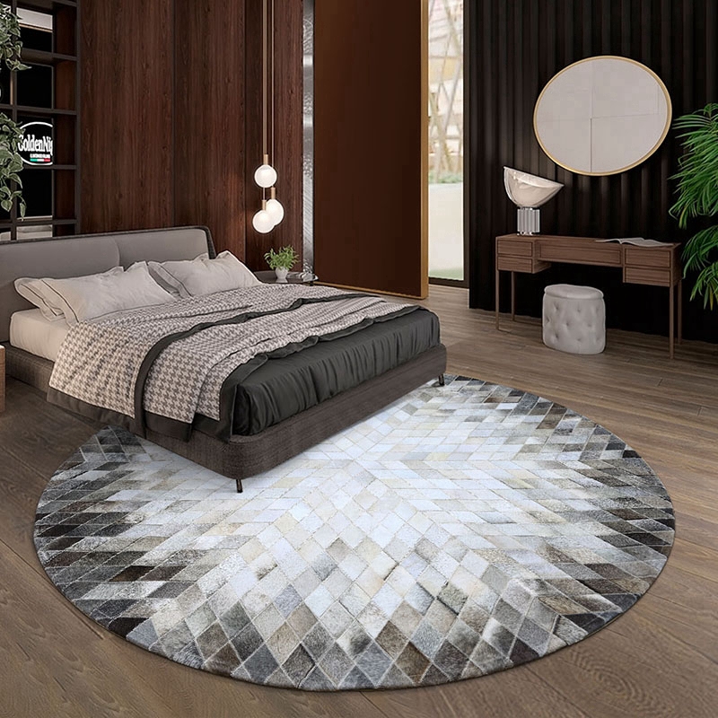 Home Hotel Grey Real Cowhide Patchwork Rectangle Shape Leather Floor Carpet Area Rugs