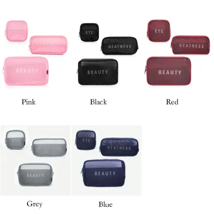 3-Piece Set: Durable Nylon Mesh Makeup Brush Bag - Travel Organizer for Makeup, Trousse de Maquillage, Washable Makeup & Beauty Bag