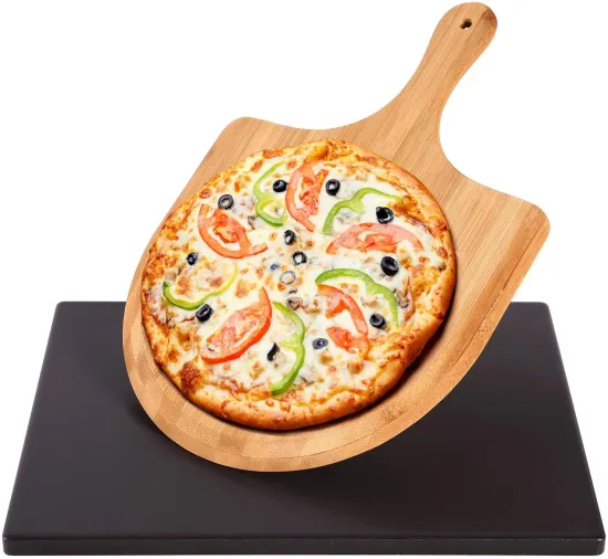Black Pizza Stone with Ceramic Coating & Wooden Pizza Peel Paddle Set