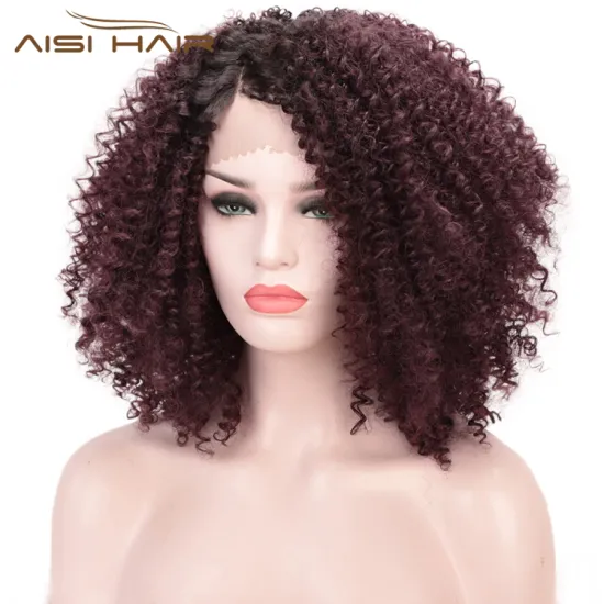 Aisi Hair 14 Inch Short Ombre Brown Dark Root Wig Afro Kinky Curly Lace Front Wig Synthetic Front Lace Hair Wigs For Black Women