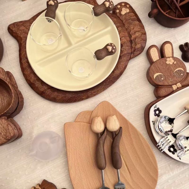 Wooden Animal-Themed Tableware with Cute Cat and Bunny Designs