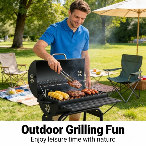 เตาย่างถ่านแบบบาร์เรลระดับพรีเมียมพร้อมพื้นที่จัดเก็บขนาดใหญ่