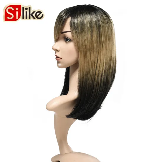 Synthetic Dyeing Gradient Short Straight Wigs Hair 16 Inches Straight with Flat Bangs for Women Natural As Real human wigs Hair