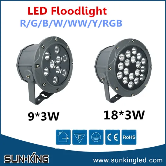 New type high quality green/red/blue 27W led spotlight flood lamp ip65, led outdoor projection lamp 9x3W