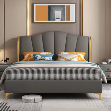 Modern Minimalist Leather Bed - Customizable Double Size with Wooden Frame for Home Bedrooms