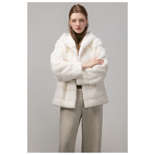 KC Fur Velvet Horizontal Draw Knife Hooded Mink Jacket For Women