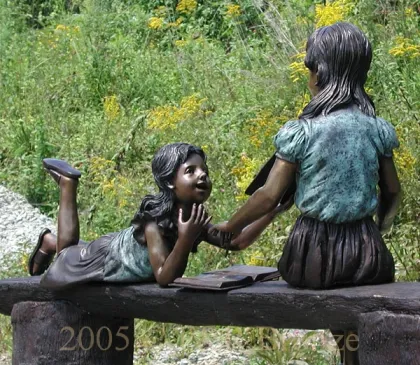 outdoor garden decoration metal children sitting bronze bench sculpture