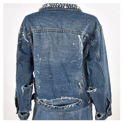 Women Pearl Beaded Denim Jacket Long Sleeve