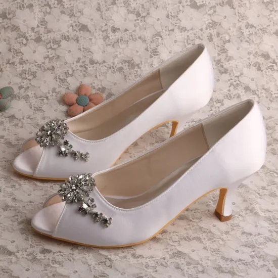 Open Toe White Bridal Heels with Crystal Brooch