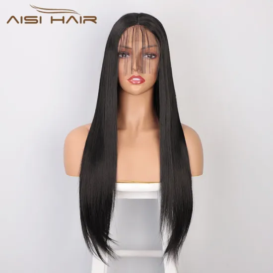Aisi Hair Long Natural Straight Black Wig With Baby Hair Bangs Swiss Lace Wig Synthetic Lace Frontal Hair Wigs For Black Women